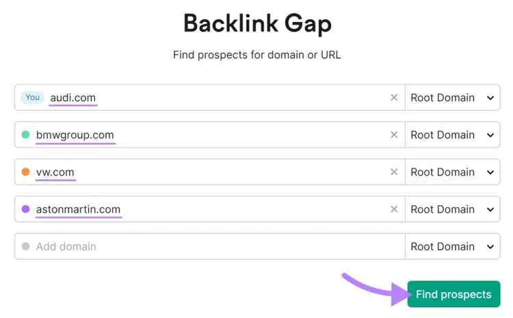 Semrush Backlink Gap tool interface comparing competitor domains audi.com, bmwgroup.com, vw.com