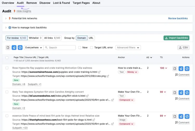 “Audit” tab in Backlink Audit tool