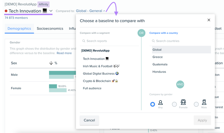 "Choose a baseline to compare with" pop-up window in Audience Intelligence app