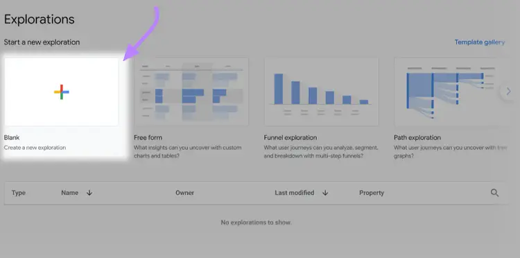 “Blank” report template selected under "Explorations" section