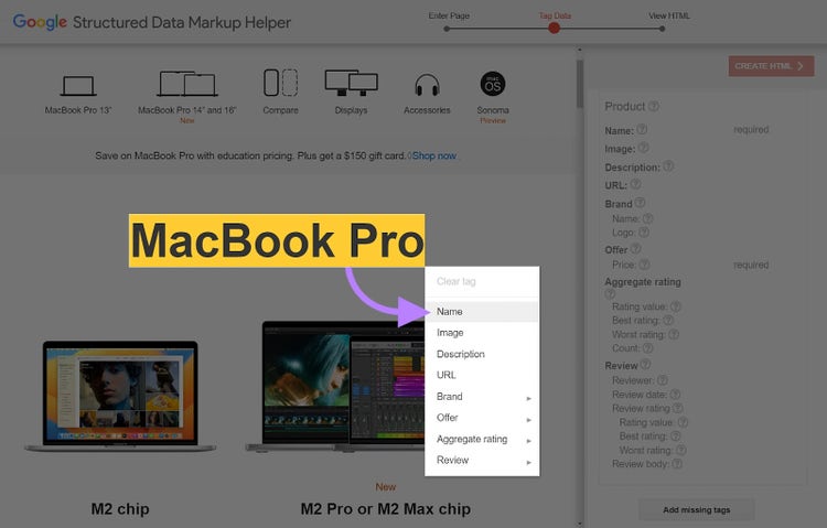 Google Structured Data Markup Helper tool with the “Name” option selected in the drop-down menu.