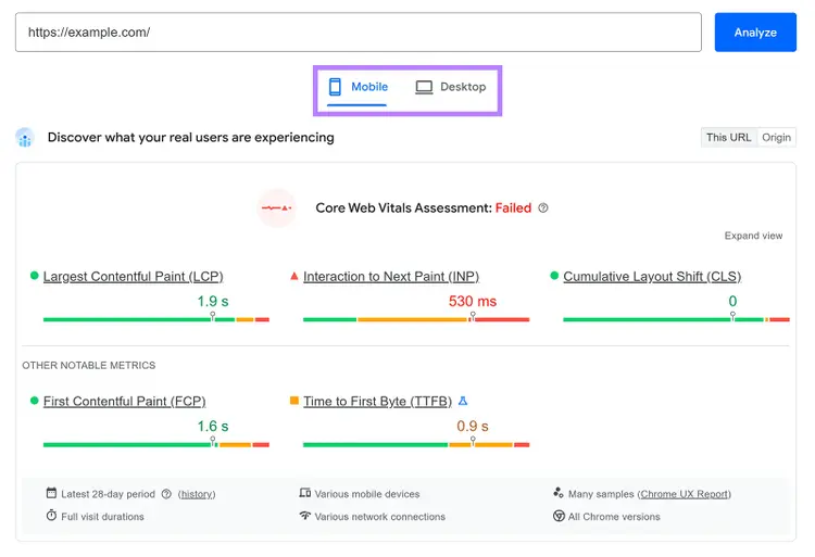 PageSpeed Insights report with Core Web Vitals showing failed assessment and mobile view highlighted.