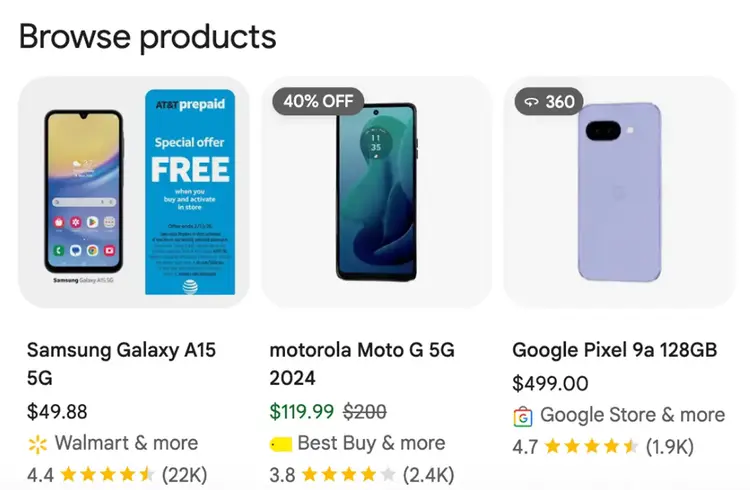Google Shopping product listings showing Samsung, Motorola, and Google phones with prices