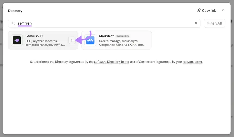 Claude connector directory search results for Semrush, with the button to add the Semrush connector highlighted