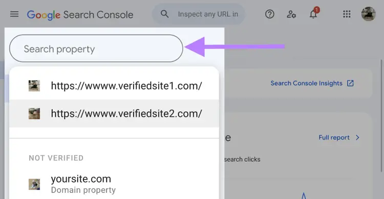 In Google Search Console, verified and not verified properties are shown.