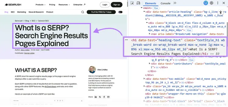 Blog page with H1 heading “What Is a SERP? Search Engine Results Pages Explained” and HTML inspection view.