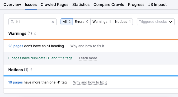 "h1" issues found in Site Audit tool