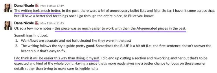Feedback on Claude Code content from a writer talking about how the piece was easy to work with and how the writing feels better.
