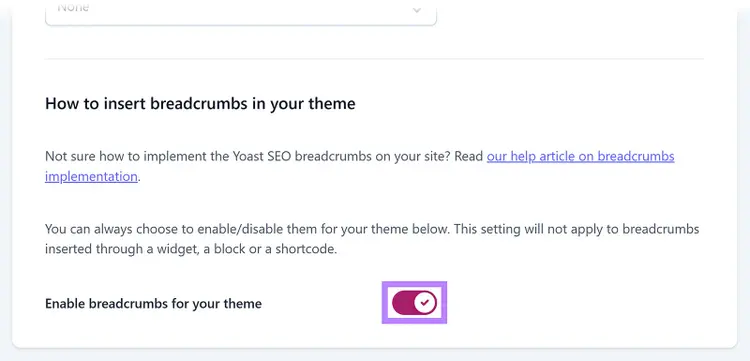 Settings panel with the “Enable breadcrumbs for your theme” toggle switch highlighted.