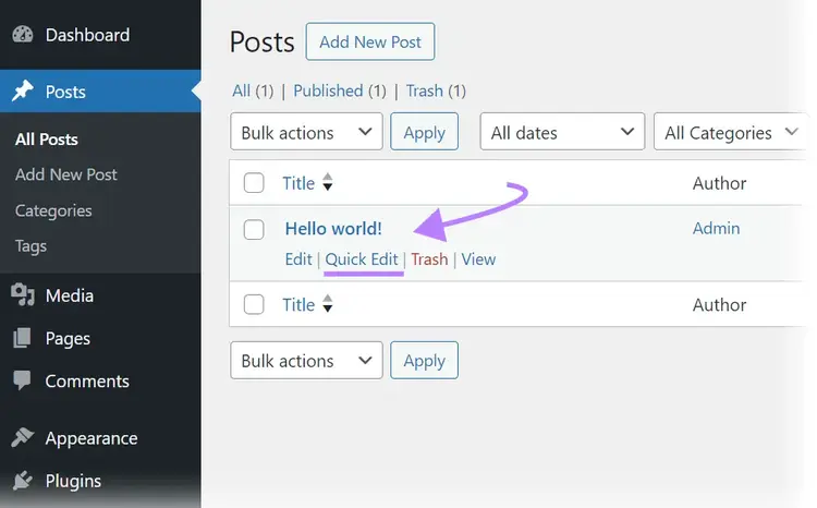 "Quick Edit" button in WordPress, highlighted
