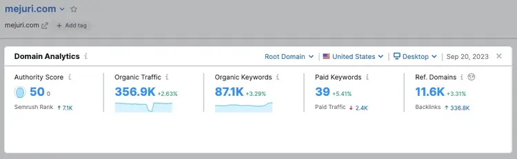 "Domain Analytics" section of SEO Dashboard