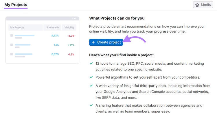 "My projects" section with the "+ Create project" button highlighted.