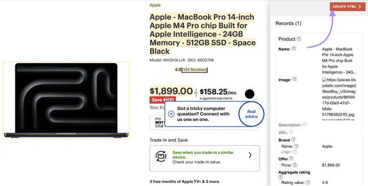 Google Structured Data Markup Helper Records panel showing tagged product data including name, image, price, and rating