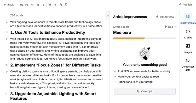 Content Optimizer shows an article's score is "mediocre."