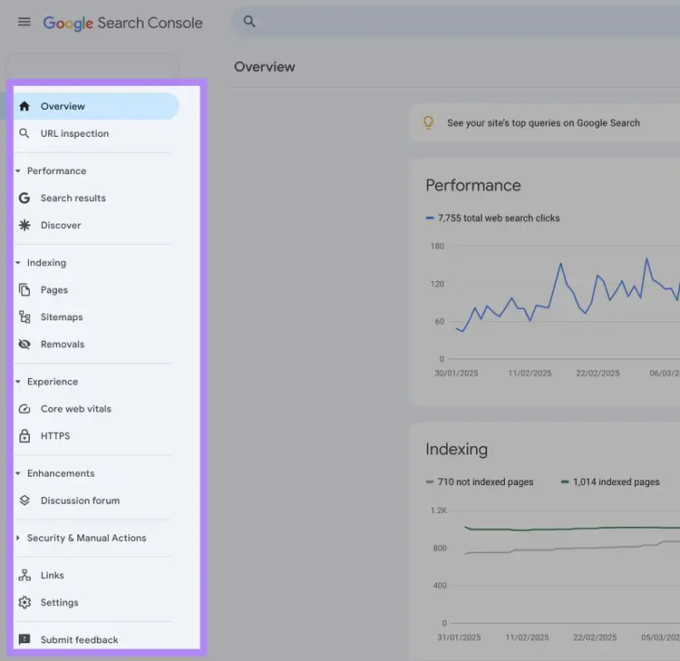 Google Search Console with the disavow tool absent from the menu on the left-hand side.