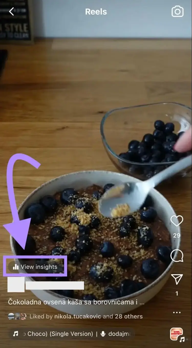 “View insights” button highlighted in the opened Instagram Reel