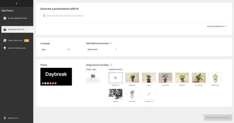 Generating a presentation with AI on Beautiful.ai with options to customize the language, theme, image source, and style.