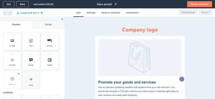HubSpot's drag-and-drop email builder