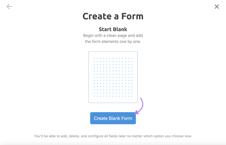 "Create Blank Form" button in Lead Generation Forms app
