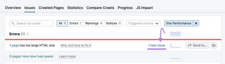 "1 page has too large HTML size" issue highlighted in Site Audit