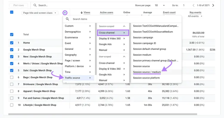 Add secondary dimension menu with Traffic source and Session source/medium highlighted