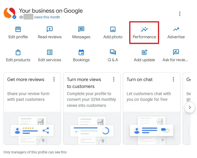 The Performance option in the Google SERP dashboard for businesses that have been added to Google Maps.