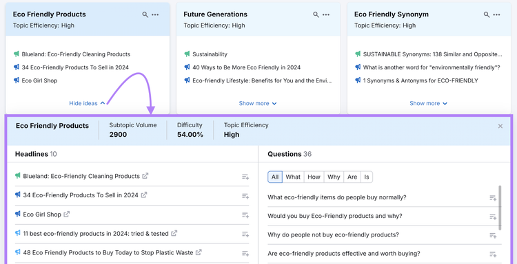 expanded idea card shows headlines, questions, search volume, and more
