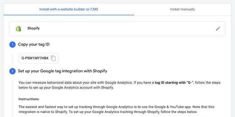 Snapshot of instructions page for Shopify