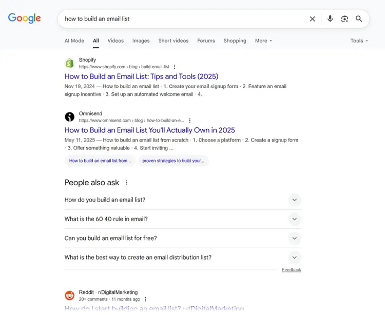 Search results for “how to build an email list” with first result from Shopify