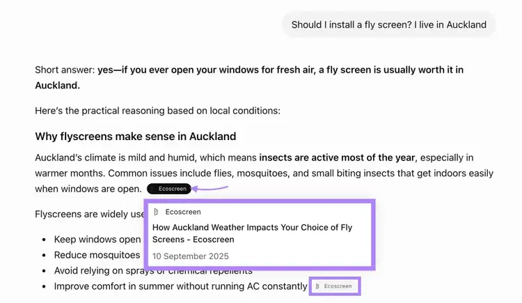 A response on ChatGPT citing multiple blog posts by a local business in Auckland for a query on installing a fly screen.