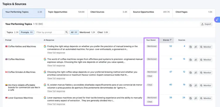 AI SEO visibility overview for Ikea with brand mentions, sources, and competitor prompts.