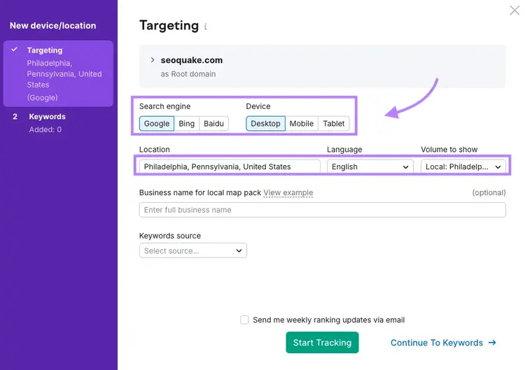 Targeting form with search engine, device, location, and language settings