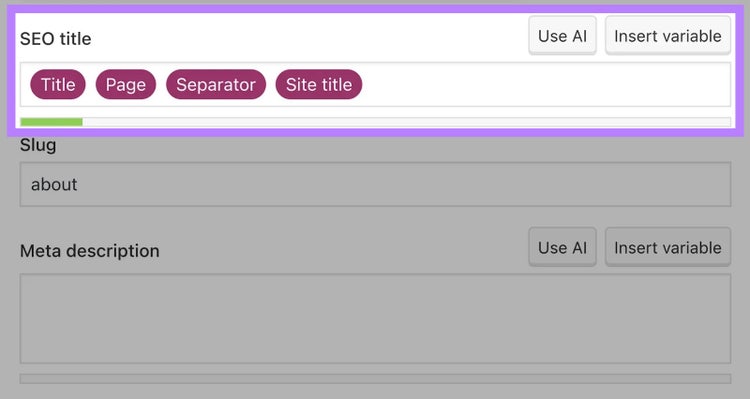 Screenshot: SEO editor with title field, template buttons (Title, Page, Separator), and slug input