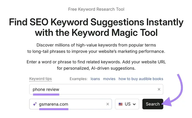Keyword Magic Tool with "phone review" entered as the term, "gsmarena.com" as the domain, and "Search" clicked.