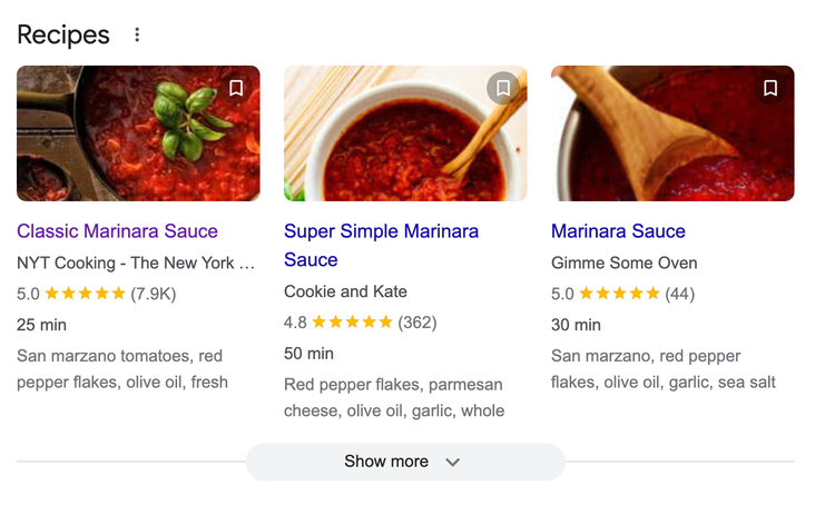 Google recipe carousel showing Classic Marinara, Super Simple Marinara, and sauce recipes