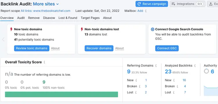 Semrush Backlink Audit showing toxic domains and toxicity score analysis