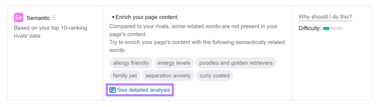 "Semantic" section with "See detailed analysis" link highlighted