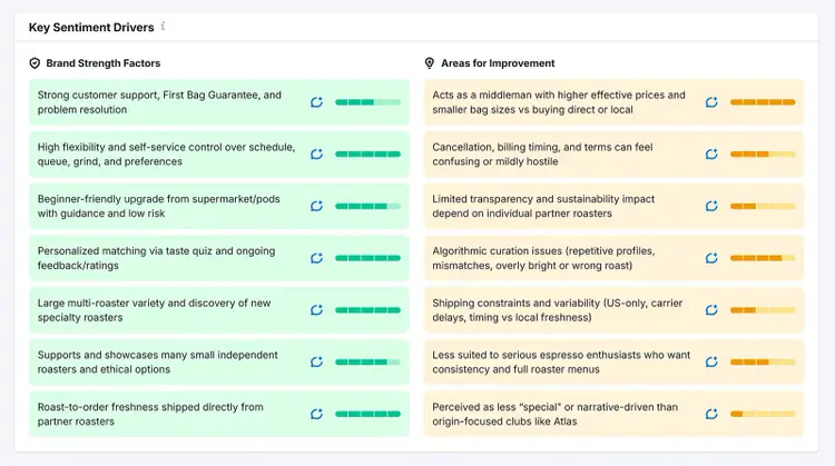 Brand sentiment dashboard showing key strengths and improvement areas from AI-generated customer feedback
