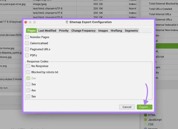 Sitemap Export Configuration on the Screaming Frog SEO Spider tool.