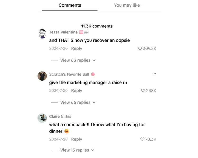 TikTok comments praising California Pizza Kitchen’s response to a viral customer complaint