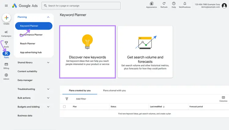 Google Ads Keyword Planner with Tools menu and “Keyword Planner” highlighted with purple arrow