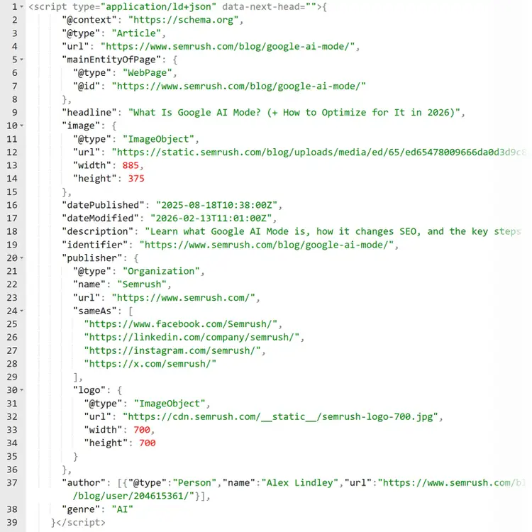 JSON-LD structured data markup for an article including headline, publisher, and image properties
