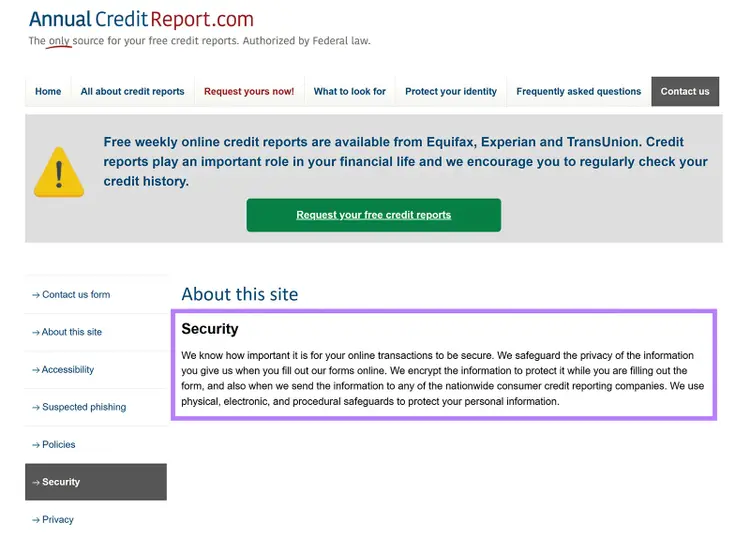 AnnualCreditReport.com security page explaining safeguards for online credit report requests
