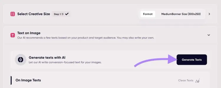 The "Generate Texts" button clicked next to Generate texts with AI on AdCreative.ai.