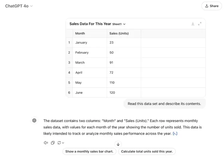 An excel file is uploaded with the prompt "Read this data set and describe its contents." The response says "The dataset contains two columns: "Month" and "Sales (Units)." Each row represents monthly sales data, with values for each month of the year showing the number of units sold. This data is likely intended to track or analyze monthly sales performance across the year."