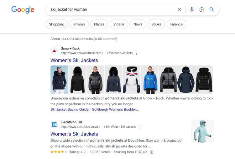 Snow+Rock and Decathlon rank first and second on Google SERP for “ski jackets for women" query