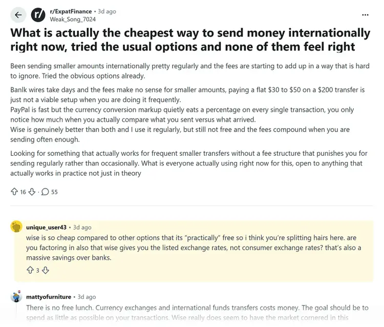 Reddit discussion on cheapest international transfers repeatedly cites Wise as the leading practical low-cost option