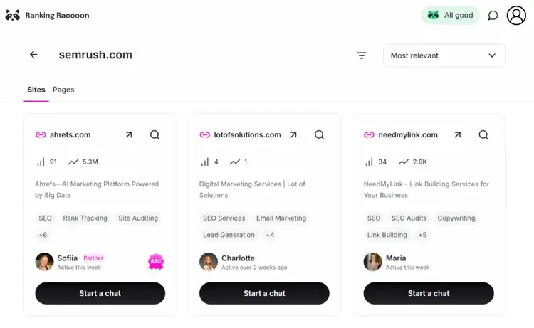 Ranking Raccoon interface showing SEO competitor cards with traffic metrics and “Start a chat” buttons.