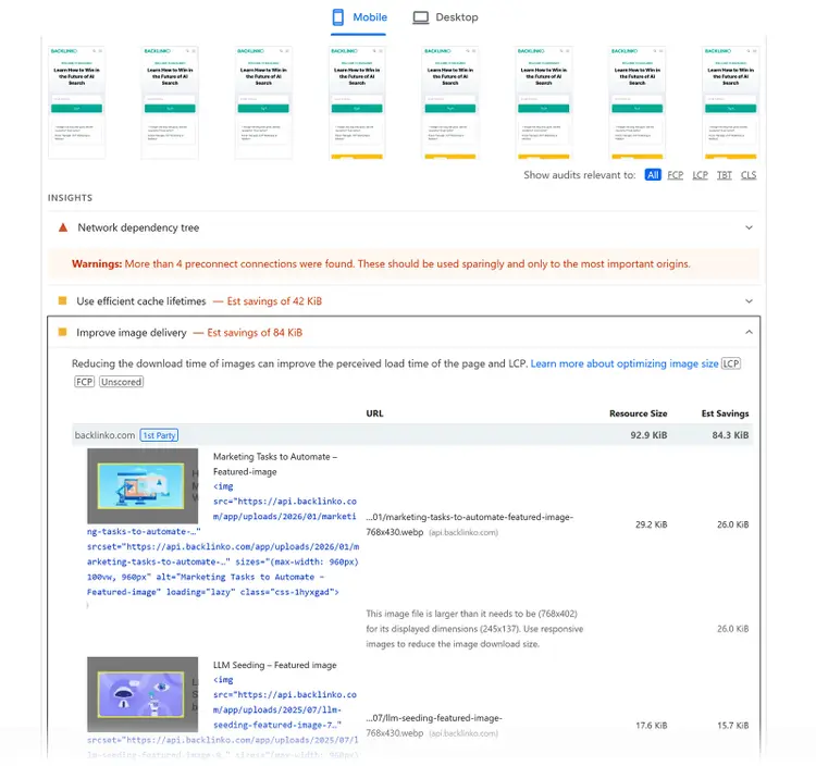 PageSpeed Insights diagnostics showing image optimization and caching issues