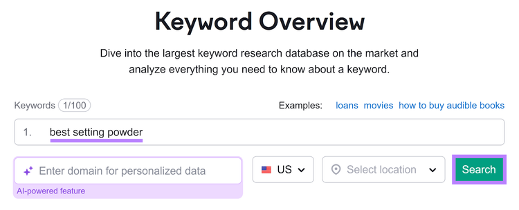 Semrush Keyword Overview tool start with keyword entered and Search button highlighted